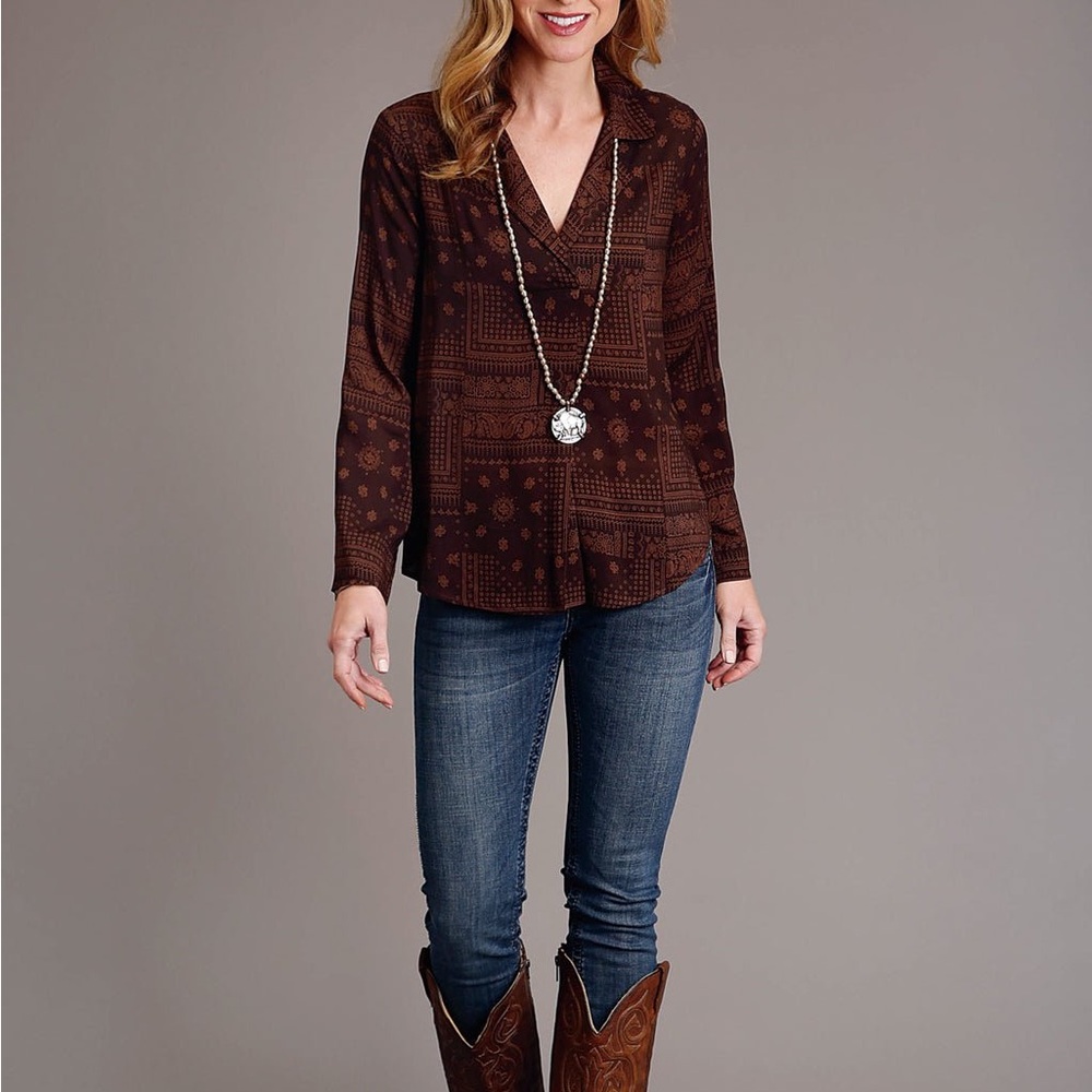 Stetson Patchwork Brown Western Bandana Print Blouse Size S NWT